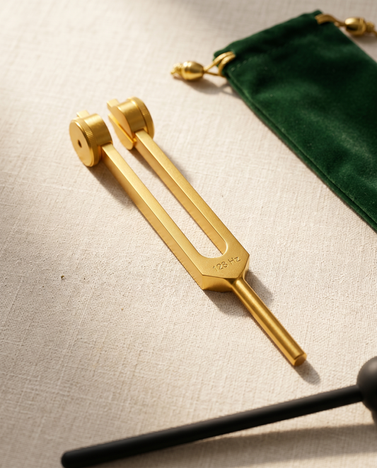 128 Hz Body Healing tuning fork — editorial linen flat-lay with champagne morning light