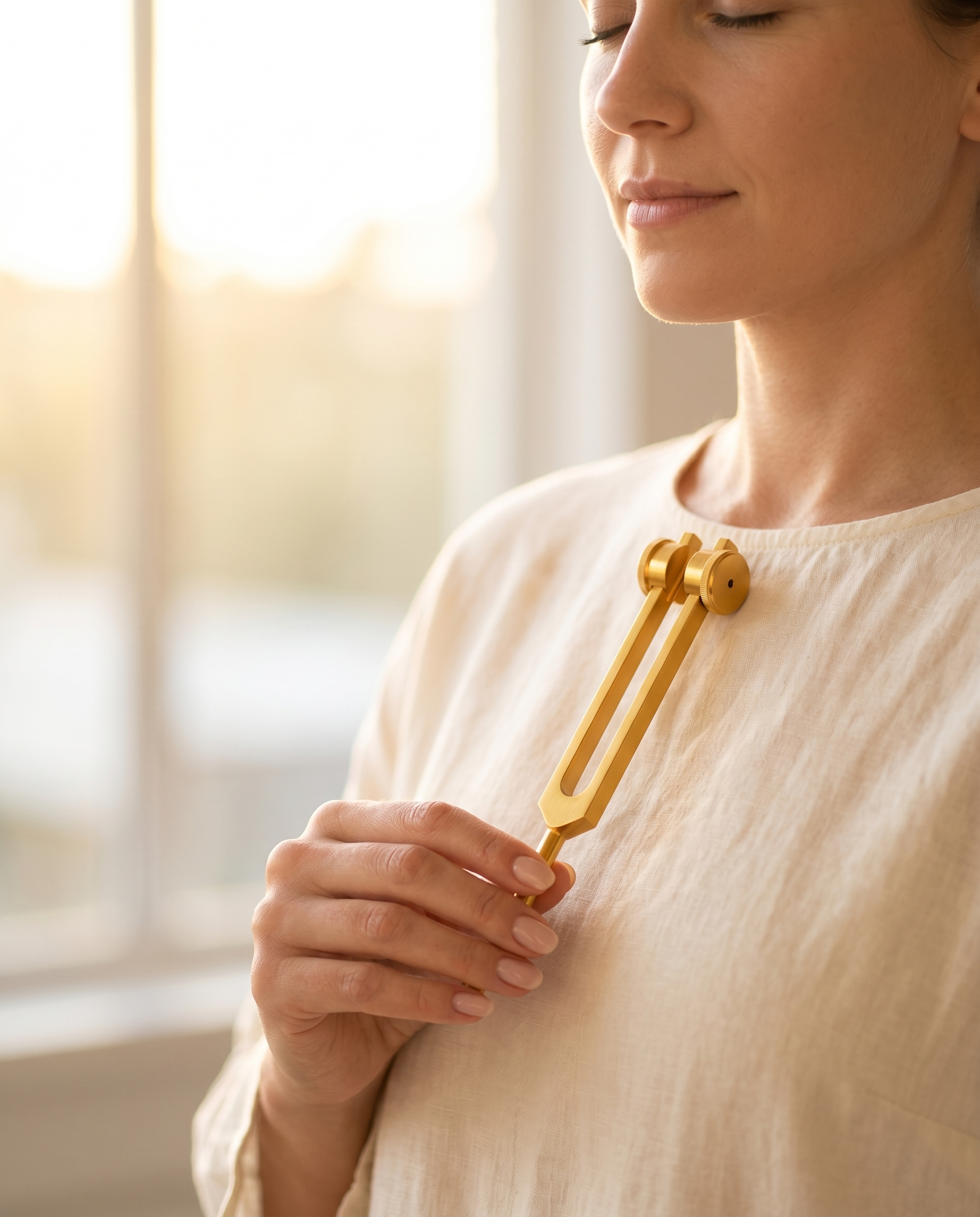 128 Hz Body Healing tuning fork — held to sternum in cream linen, morning light