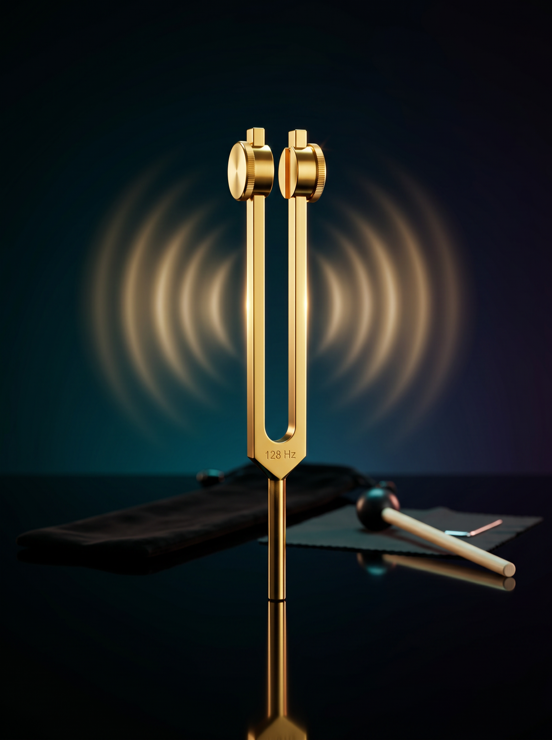 128 Hz Body Healing tuning fork — cinematic hero with golden sound wave ripples