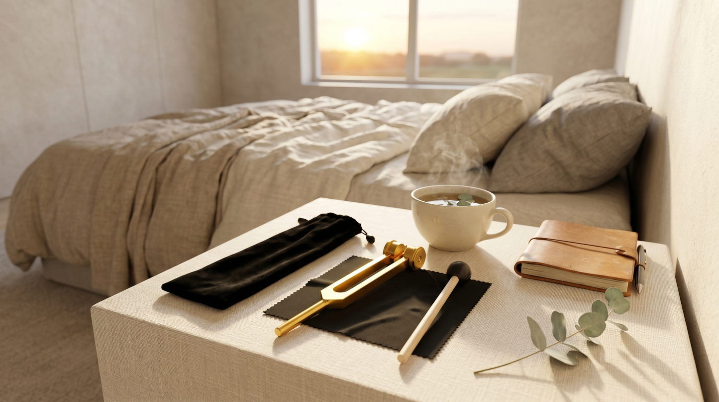 128 Hz Body Healing tuning fork — bedside morning ritual scene with herbal tea and journal
